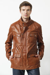 Herren Lederparka sportlich in Lammnappa cognac vintage Look und Stehkragen