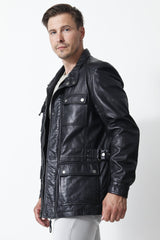 leichter dünner Herren Lederparka sportiv aus Lammnappa schwarz mit Stehkragen