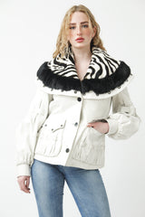 Kurze Damen Lederjacke Lammnappa weiß schwarz mit Echtem Fell gefüttert