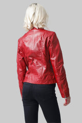 Taillierte Damen Lederjacke mit Steppnähte in Lammnappa rot und Stehkragen