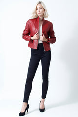 Damen Lederjacke in Lammnappa rot und Stehkragen, Leder Schmidt Online