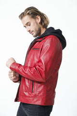 Trendige Herren Lederjacke in rot aus Lammnappa mit Kapuze
