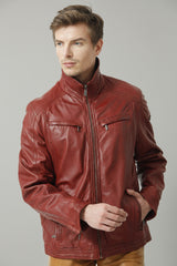 Herren Lederjacke Lammnappa in d.Rot in Vintage Look hochschließbar