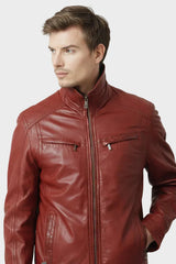 Herren Lederjacke Lammnappa in d.Rot in Vintage Look hochschließbar