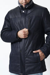 Exklusive Herren Lederjacke mit Lammfellkragen abtrennbar in Lammnappa Blau