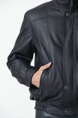 Herren Lederblouson mit leichter wattierung aus Lammnappa Blau schwarz