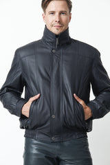 Herren Lederblouson mit leichter wattierung aus Lammnappa Blau schwarz