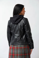 Damen Bikerjacke mit Kapuze in schwarz Lammnappa und stoffkapuze abtrennbar