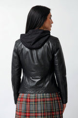 Damen Bikerjacke mit Kapuze in schwarz Lammnappa und stoffkapuze abtrennbar