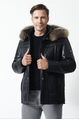 Exklusive Herren Lederjacke in Lammnappa schwarz mit Kapuze und Echtfell- Leder Schmidt Online