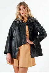 Lange Damen Lederjacke Lammnappa zum wenden mit Schalkapuze in schwarz