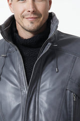 Langer Herren Lederparka sportiv aus Lammnappa in grau wattiert