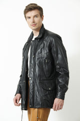 Langer Herren Lederparka sportiv aus Lammnappa in schwarz gefüttert