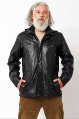 Schwarzer Herren Lederparka aus Lammnappa mit Kapuze abtrennbar
