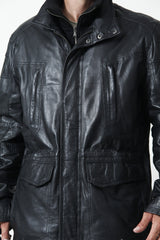 Herren Leder Parka mit abtrennbaren doppelkragen in Lammnappa schwarz