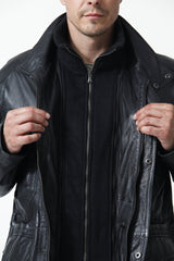 Herren Leder Parka mit doppelkragen in Lammnappa schwarz wattiert