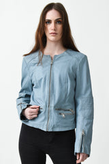 Kurzer Damen Lederbolero aus Lammnappa blue washed Look ohne Kragen