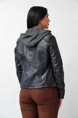 Kurze Bikerstyle Damenlederjacke in Navy vintage Lammnappa mit abnehmbare Kapuze