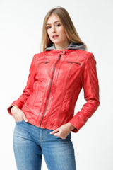 Damen Bikerstyle Lederjacke, Lammnappa rot washed Look mit Stoffkapuze abtrennbar