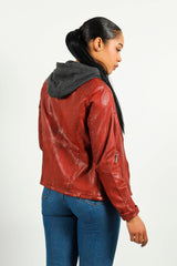 Kurze Bikerstyle Damenlederjacke in Rot vintage Lammnappa mit abnehmbare Kapuze