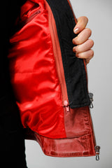 Damen Bikerstyle Lederjacke, Lammnappa red tailliert vintage Look mit Stoffkapuze