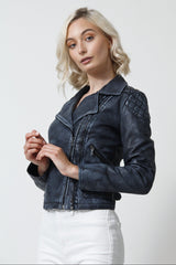 Kurze Damen Biker Lederjacke in Lammnappa Jeansblau im vintage Look