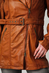 Taillierte Damen Lederjacke Lammnappa in Cognac Vintage Look mit Gürtel