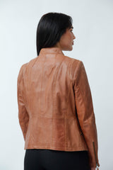 Kurze Damen Lederjacke aus Lammnappa mit Stehkragen in cognac