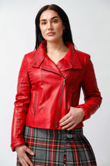 Kurze Damen Lederjacke aus echtem Lammnappa tailliert in rot