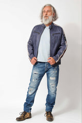 Herren Lammnappalederjacke Daytona Blau mit Kontraststreifen weiss rot und Stehkragen