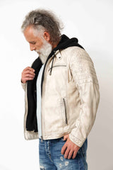Herren Lederjacke Lammnappa Biker Style Offwhite Vintage Look mit Kapuze