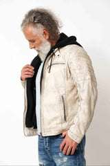 Herren echte Lederjacke Lammnappa Biker Style Offwhite Vintage Look mit Kapuze