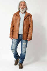 Sportlicher Herren Lammnappalederparka in Cognac washed Look unwattiert mit Stehkragen