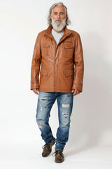 echte sportlicher Herren Lammnappalederparka in Cognac washed Look unwattiert mit Stehkragen