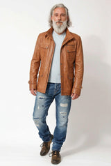echte sportlicher Herren Lammnappalederparka in Cognac washed Look unwattiert mit Stehkragen