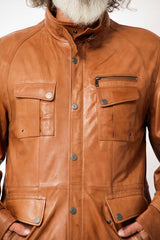 Sportlicher Herren Lammnappalederparka in Cognac washed Look unwattiert mit Stehkragen