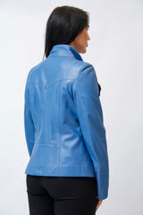 Kurze Blaue Damen Lammnappa Lederjacke tailliert mit asymmetrischen Reißverschluss