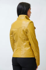 Kurze Damen Lammnappa Lederjacke Gelb tailliert mit asymmetrischen Reißverschluss