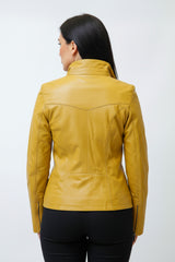 Kurze Damen Lammnappa Lederjacke Gelb tailliert mit asymmetrischen Reißverschluss