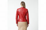 Damen Bikerstyle Lederjacke aus Lammnappa in Rot mit Stehkragen