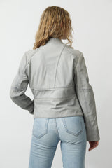 Kurze Damen Lederjacke aus Lammnappa in Ice Blue mit Stehkragen