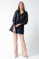 lange leichte Damen Lederjacke aus Lammnappa in schwarz mit Kapuze zum abnehmen in Leipzig