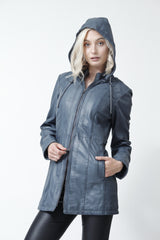 Leichte lange Damen Lederjacke mit Kapuze in Lammnappa Heaven Blau