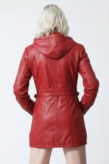sportliche lange Damen Lederjacke in Lammnappa rot talliert mit Kapuze
