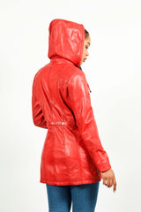 sportliche lange Damen Lederjacke in Lammnappa rot talliert mit Kapuze