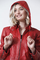 sportliche lange Damen Lederjacke in Lammnappa rot talliert mit Kapuze