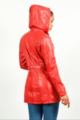 sportliche lange echte Damen Lederjacke in echtem Lammnappa rot talliert mit Kapuze