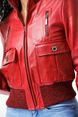 Kurzes Damen Lederjacken Blouson Lammnappa rot vintage Look mit Stoffbündchen