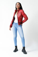 Kurzes Damen Lederjacken Blouson Lammnappa rot vintage Look mit Stoffbündchen