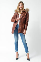 Damen Lederparka Lammnappa Braun Vintage Look mit Kapuze und Finnraccoonbesatz